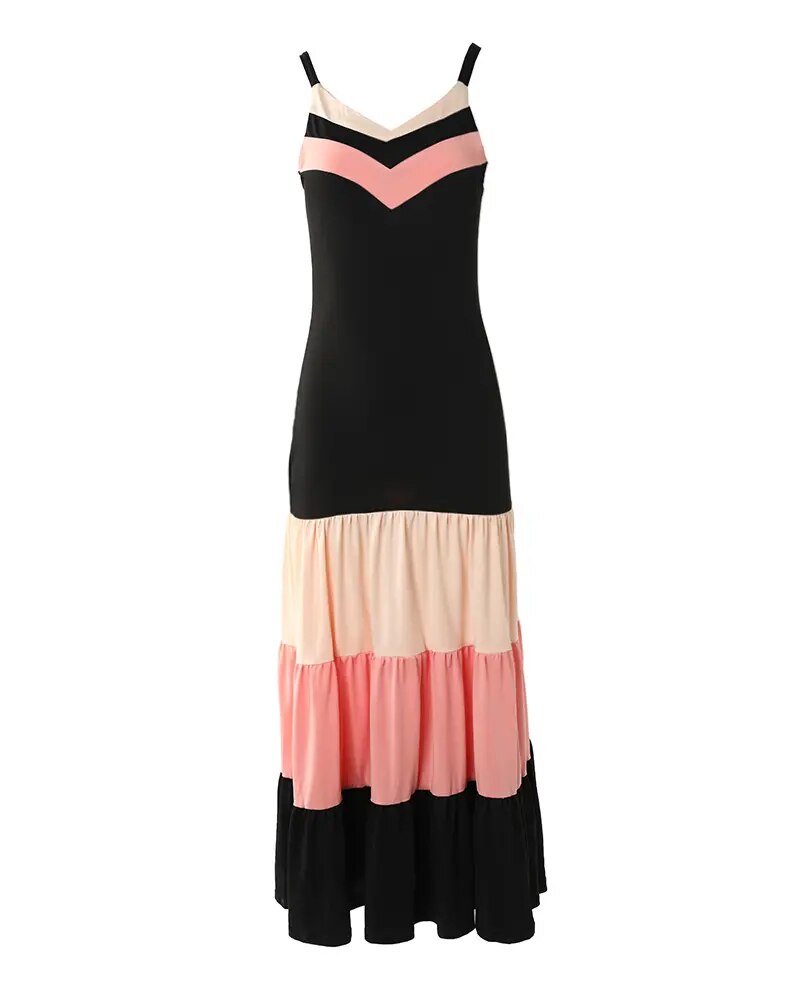 Ruffle Strap Maxi Dress | Colorblock Maxi Dress V Neck | Colorblock