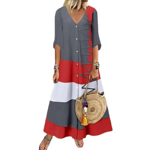 Women Boho Print Maxi Dresses Summer Vintage Casual Loose Short Sleeve