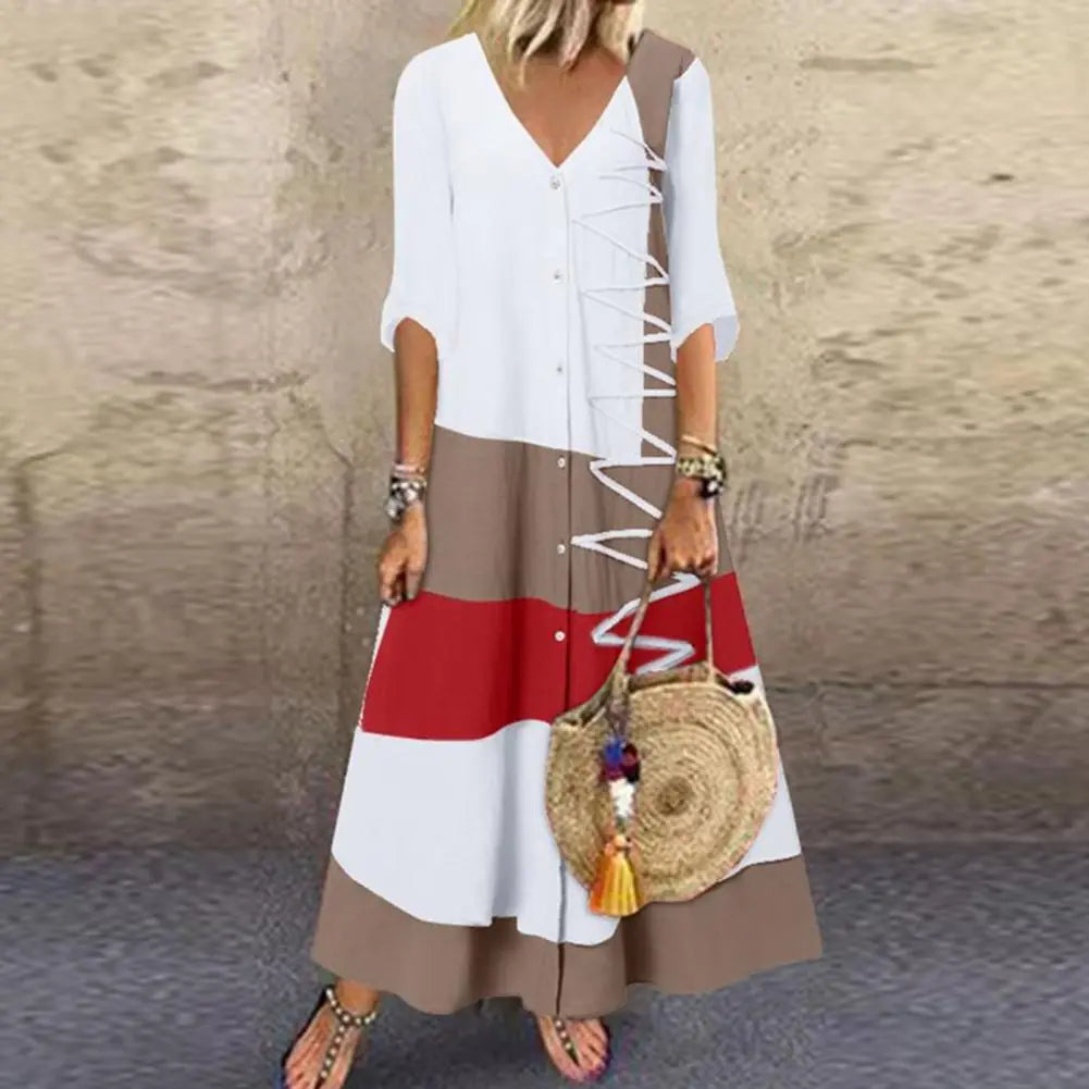 Women Boho Print Maxi Dresses Summer Vintage Casual Loose Short Sleeve