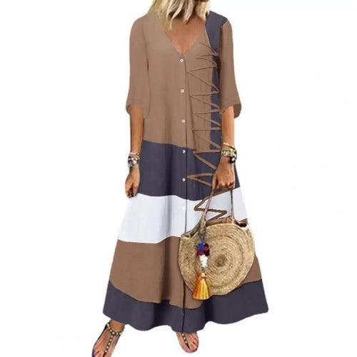 Women Boho Print Maxi Dresses Summer Vintage Casual Loose Short Sleeve