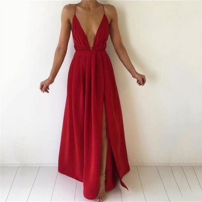 Summer Maxi Dress Women Solid Color Sexy Deep V Neck Sleeveless